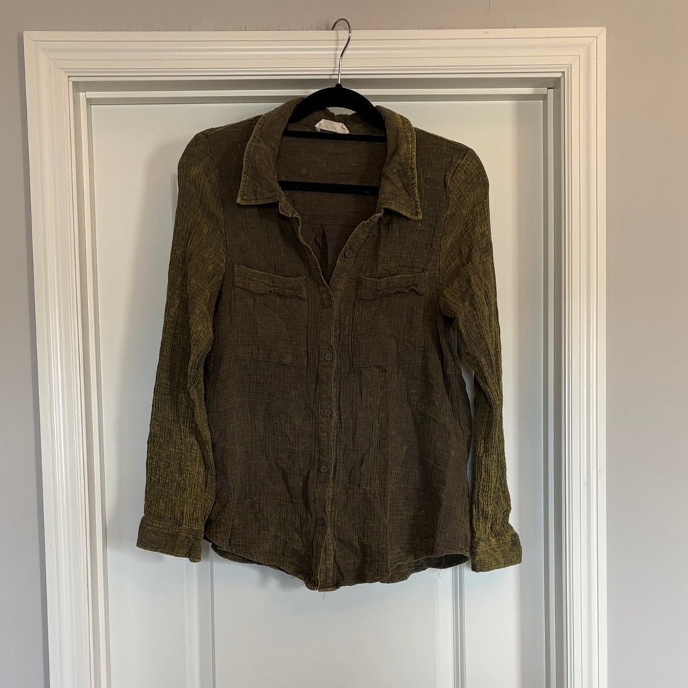 Textured Button-Front Olive Green Women's Shirt